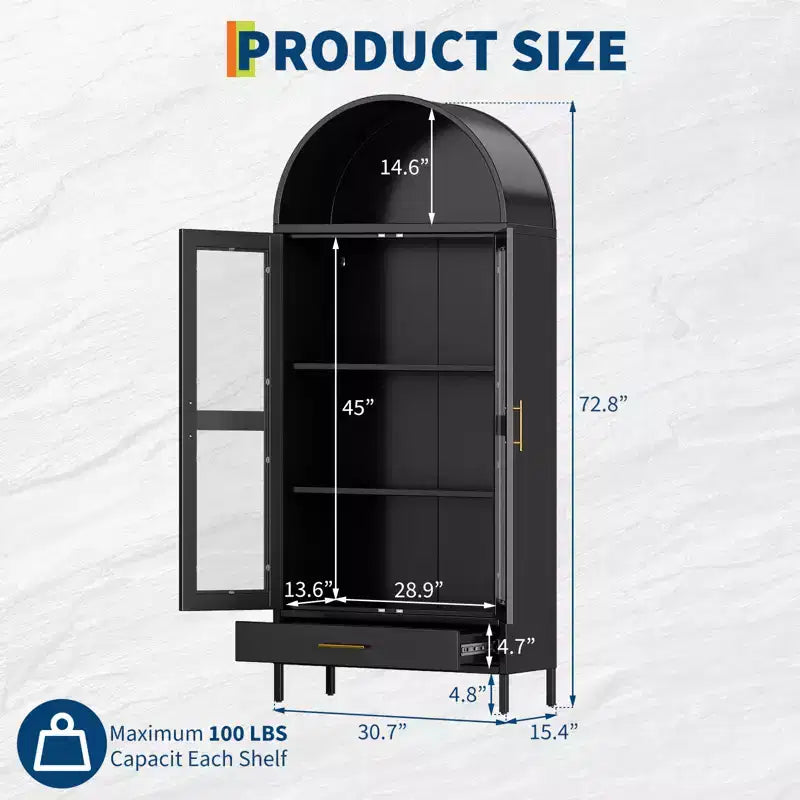 73 Arched Metal Storage Cabinet w/Glass Doors and Drawers, Tall Pantry Display Cabinet w/Adjustable Shelves
