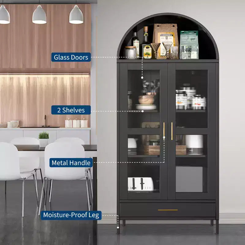 73 Arched Metal Storage Cabinet w/Glass Doors and Drawers, Tall Pantry Display Cabinet w/Adjustable Shelves