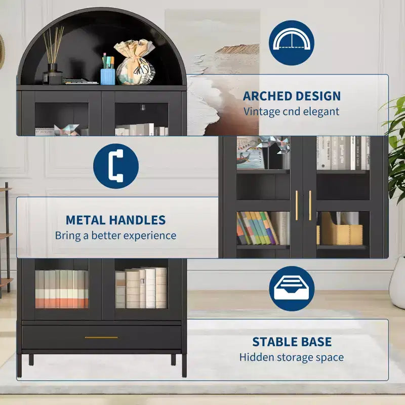 73 Arched Metal Storage Cabinet w/Glass Doors and Drawers, Tall Pantry Display Cabinet w/Adjustable Shelves