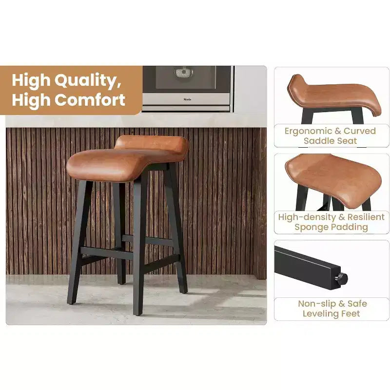 Bar Stools Set, Counter Height Bar Stools, Upholstered Bar Chairs with Low Back, Footrest, Industrial Modern Bar Stools with PU Leather Cushion