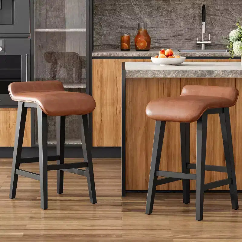 Bar Stools Set, Counter Height Bar Stools, Upholstered Bar Chairs with Low Back, Footrest, Industrial Modern Bar Stools with PU Leather Cushion