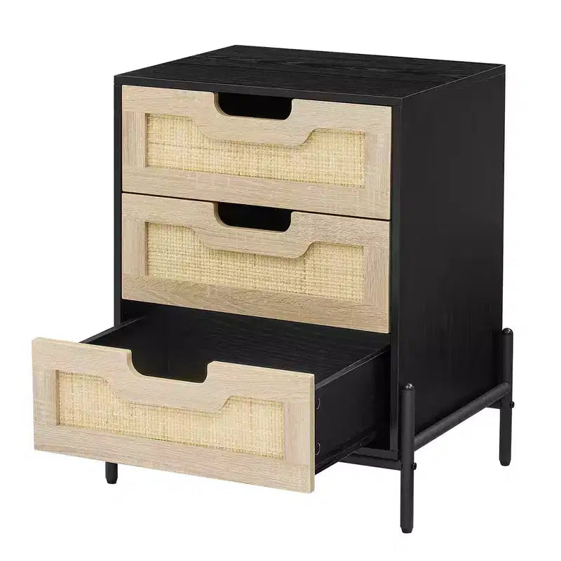 Set di 2 comodini in rattan con 3 cassetti, gambe in metallo, stile rustico boho, robusti e adatti a camere da letto con spazi ridotti