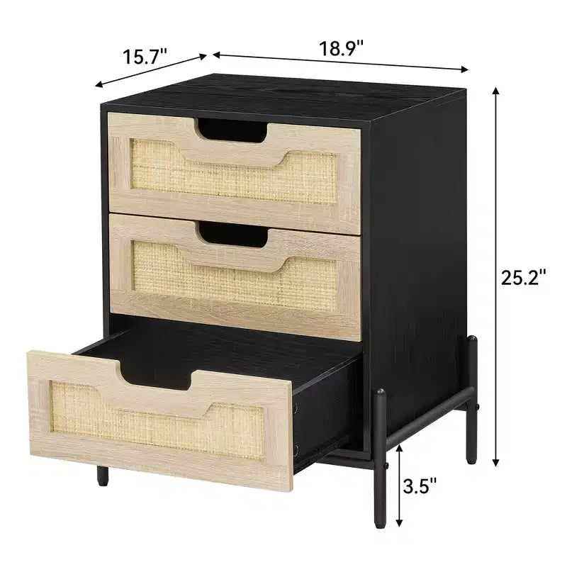 Set di 2 comodini in rattan con 3 cassetti, gambe in metallo, stile rustico boho, robusti e adatti a camere da letto con spazi ridotti
