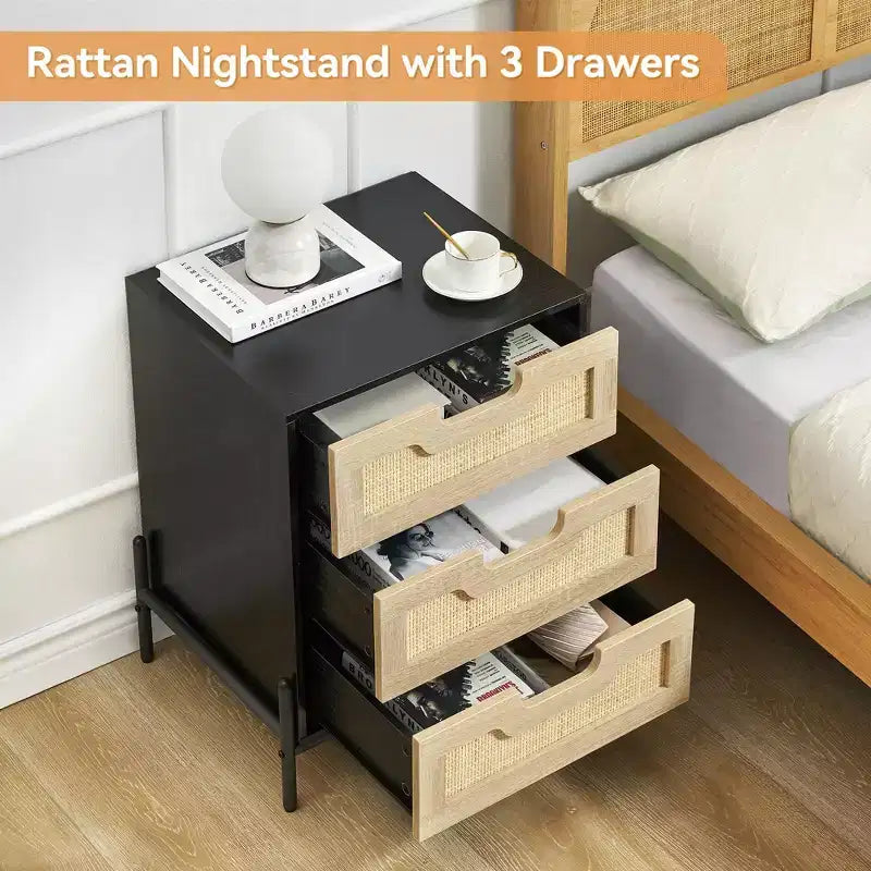 2 Pack Rattan Nightstand with 3 Drawers, Metal Legs, Farmhouse Boho Bedside Table, Sturdy for Bedroom Small Spaces