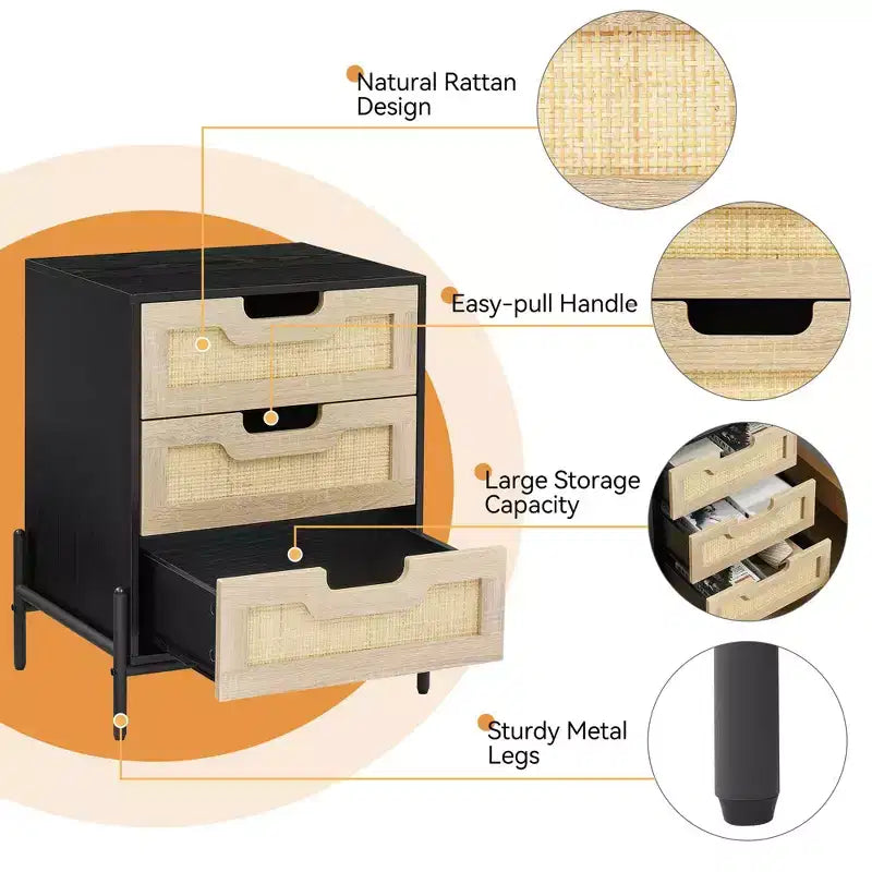 2 Pack Rattan Nightstand with 3 Drawers, Metal Legs, Farmhouse Boho Bedside Table, Sturdy for Bedroom Small Spaces