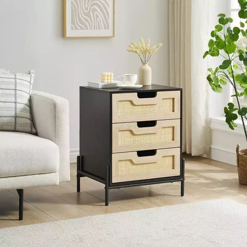 2 Pack Rattan Nightstand with 3 Drawers, Metal Legs, Farmhouse Boho Bedside Table, Sturdy for Bedroom Small Spaces