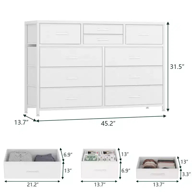 Cassettiera moderna a 10 cassetti da 45 con piano in legno, struttura in metallo e cassetti in tessuto, mobile TV per organizzare camera da letto, soggiorno e guardaroba