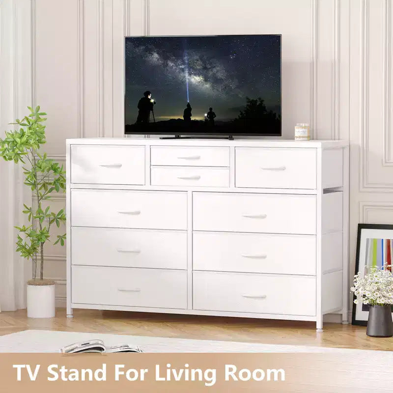 45 Modern 10-Drawer Dresser &amp; TV Stand with Wood Top, Metal Frame and Fabric Drawers for Bedroom, Living Room and Closet Organization