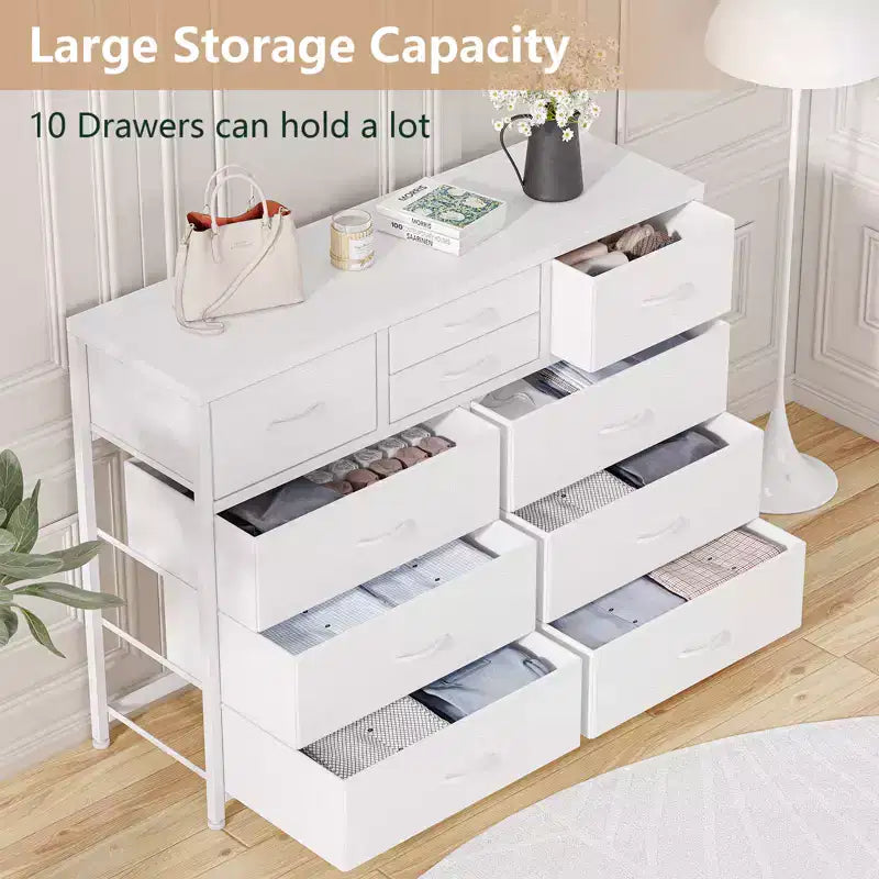 45 Modern 10-Drawer Dresser &amp; TV Stand with Wood Top, Metal Frame and Fabric Drawers for Bedroom, Living Room and Closet Organization