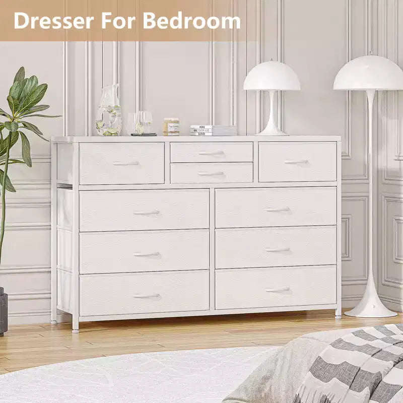 45 Modern 10-Drawer Dresser &amp; TV Stand with Wood Top, Metal Frame and Fabric Drawers for Bedroom, Living Room and Closet Organization