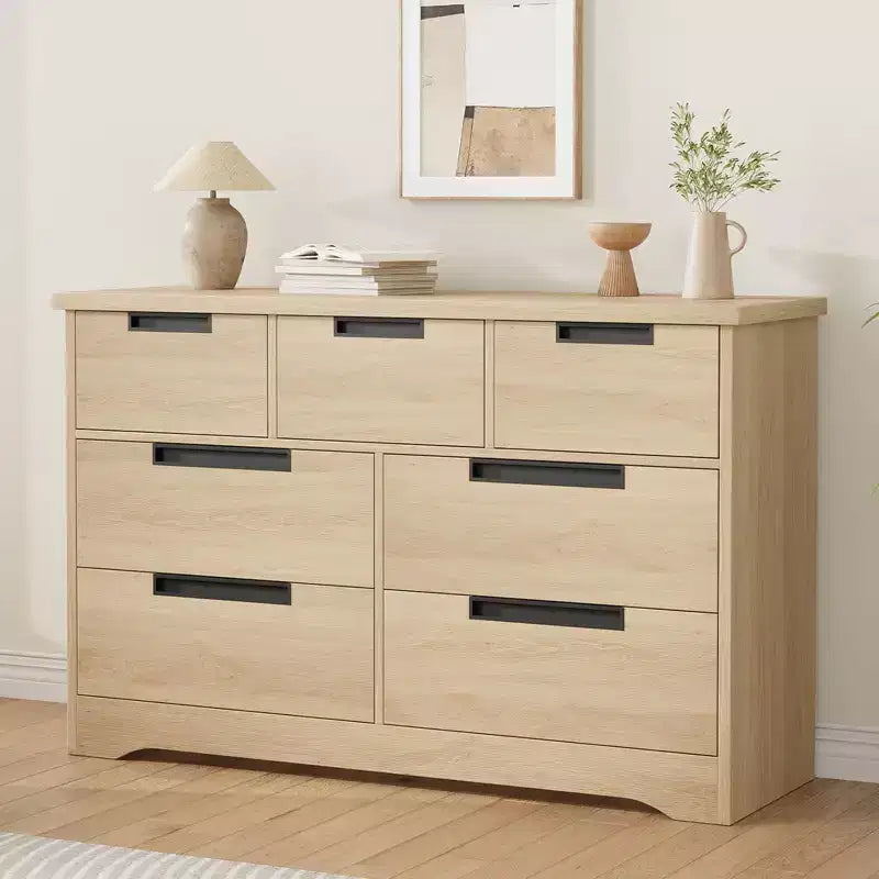 Minimalist 7-Drawer Bedroom Wardrobe, Natural Modern-Style Two-Door Storage Cabinet With Recessed Handles, Wood Construction