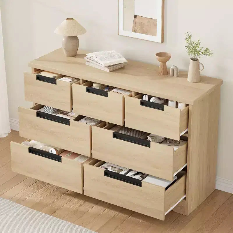 Minimalist 7-Drawer Bedroom Wardrobe, Natural Modern-Style Two-Door Storage Cabinet With Recessed Handles, Wood Construction