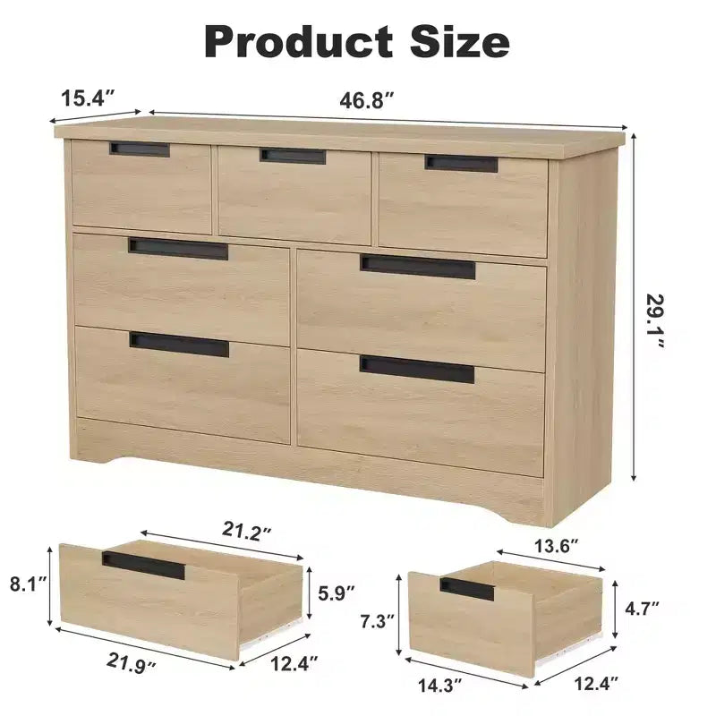 Minimalist 7-Drawer Bedroom Wardrobe, Natural Modern-Style Two-Door Storage Cabinet With Recessed Handles, Wood Construction