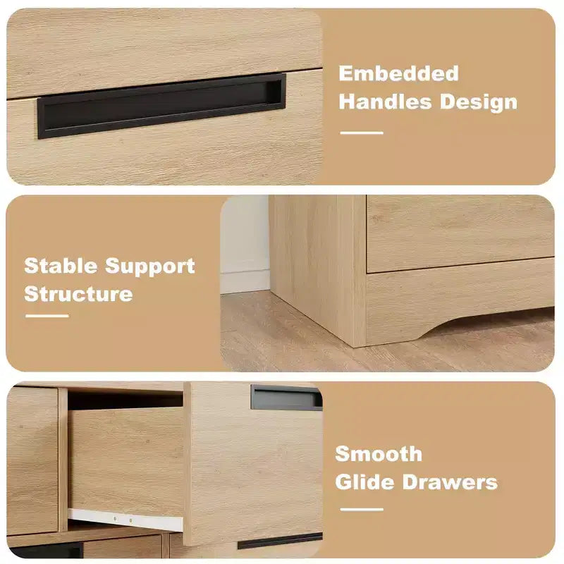 Armadio minimalista da camera da letto con 7 cassetti, mobile contenitore moderno naturale a due ante con maniglie incassate, struttura in legno