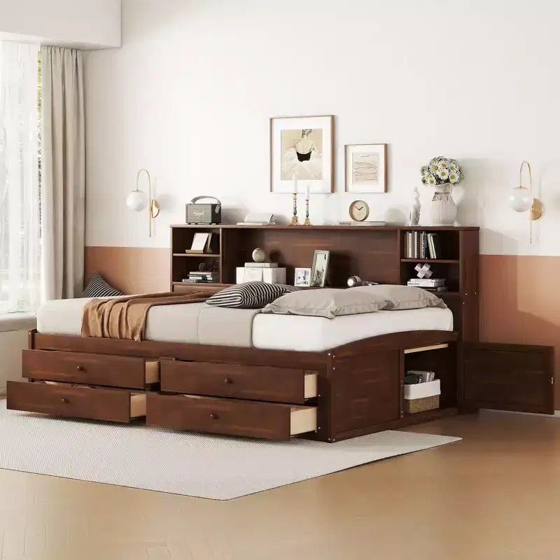 Letto a una piazza e mezza in legno con ripiani contenitori, 4 cassetti e 2 armadietti, marrone anticato