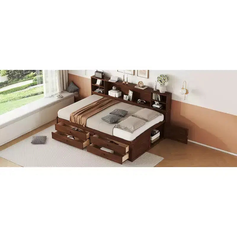 Full Size Wooden Captain Bed with Storage Shelves, 4 Drawers and 2 Cabinets, Antique Brown