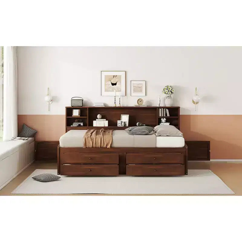 Letto a una piazza e mezza in legno con ripiani contenitori, 4 cassetti e 2 armadietti, marrone anticato