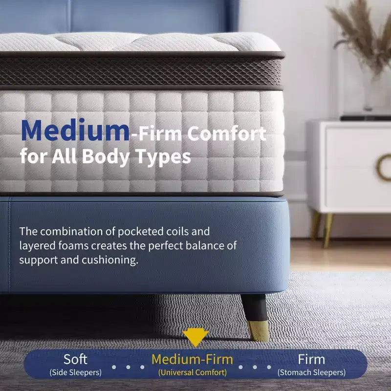 Materasso ibrido premium da 12 pollici, di rigidità media, compatibile con letto a piattaforma, rete con contenitore o base a doghe