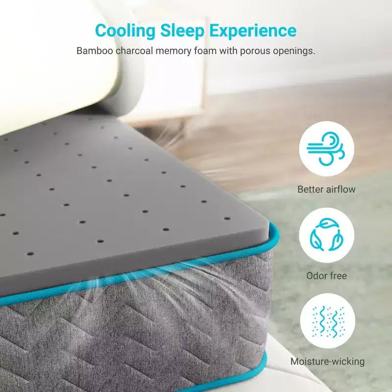 8 inch Breathable Bamboo Charcoal Hybrid Mattress - Compatible with Platform Bed, Box Spring, or Slat Base