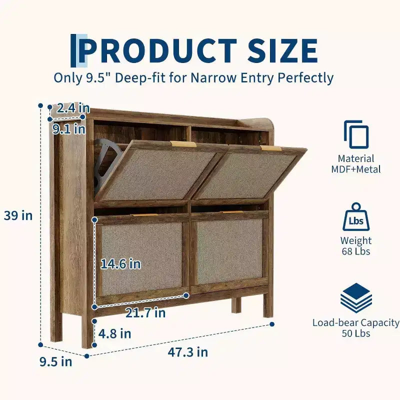 Scarpiera in rattan, organizer freestanding stretto da ingresso da 47, con 4 cassetti a ribalta, ripiani regolabili, contiene 32-50 paia