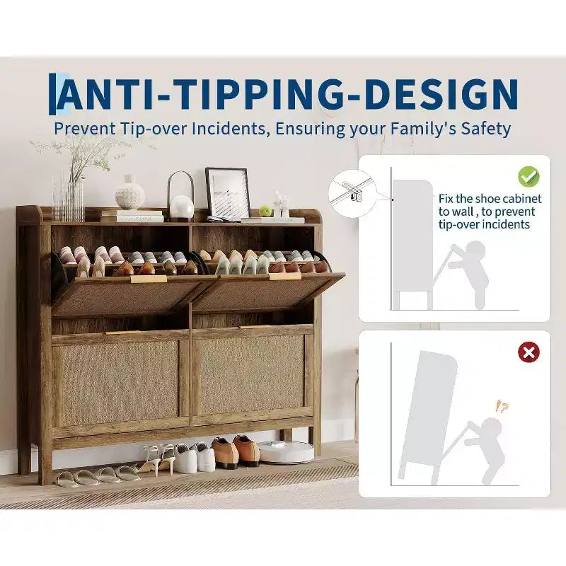 Scarpiera in rattan, organizer freestanding stretto da ingresso da 47, con 4 cassetti a ribalta, ripiani regolabili, contiene 32-50 paia