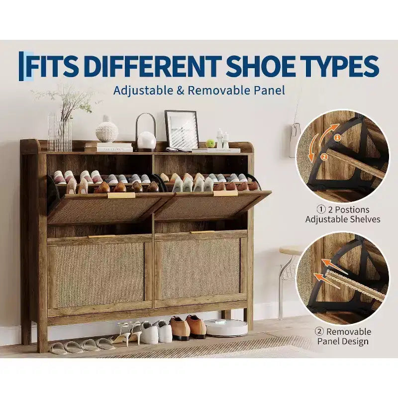 Scarpiera in rattan, organizer freestanding stretto da ingresso da 47, con 4 cassetti a ribalta, ripiani regolabili, contiene 32-50 paia