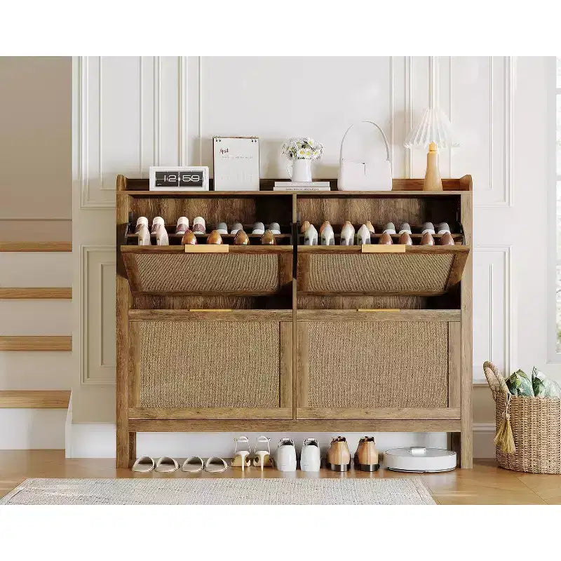 Scarpiera in rattan, organizer freestanding stretto da ingresso da 47, con 4 cassetti a ribalta, ripiani regolabili, contiene 32-50 paia