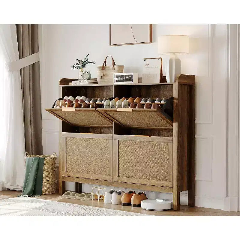 Scarpiera in rattan, organizer freestanding stretto da ingresso da 47, con 4 cassetti a ribalta, ripiani regolabili, contiene 32-50 paia