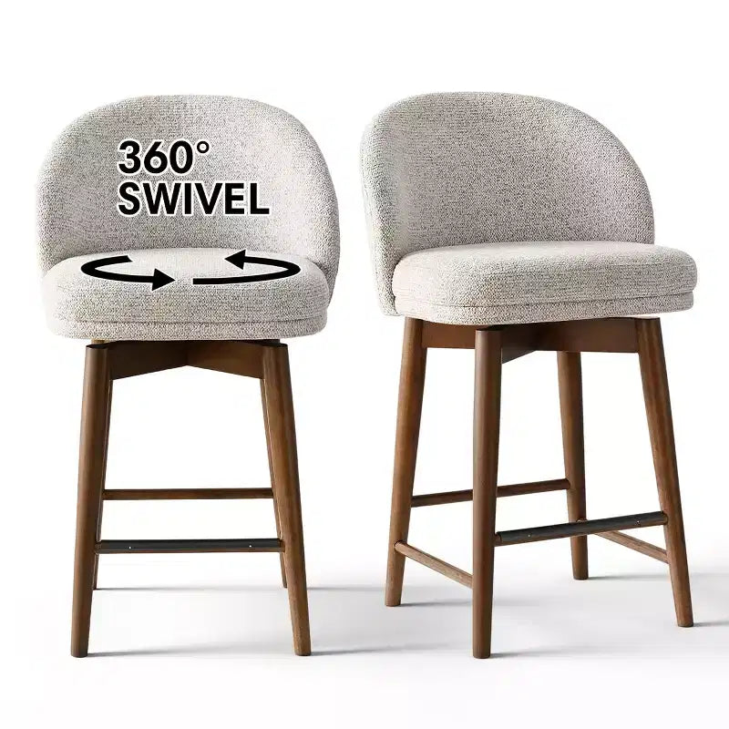 Set of 2 Modern Swivel Counter Stools with Upholstered Seat, 360 Rotating Kitchen Island or Home Bar Chairs with Solid Wood Legs