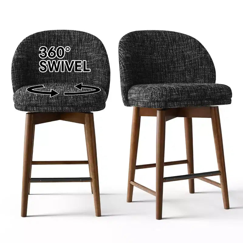 Set of 2 Modern Swivel Counter Stools with Upholstered Seat, 360 Rotating Kitchen Island or Home Bar Chairs with Solid Wood Legs