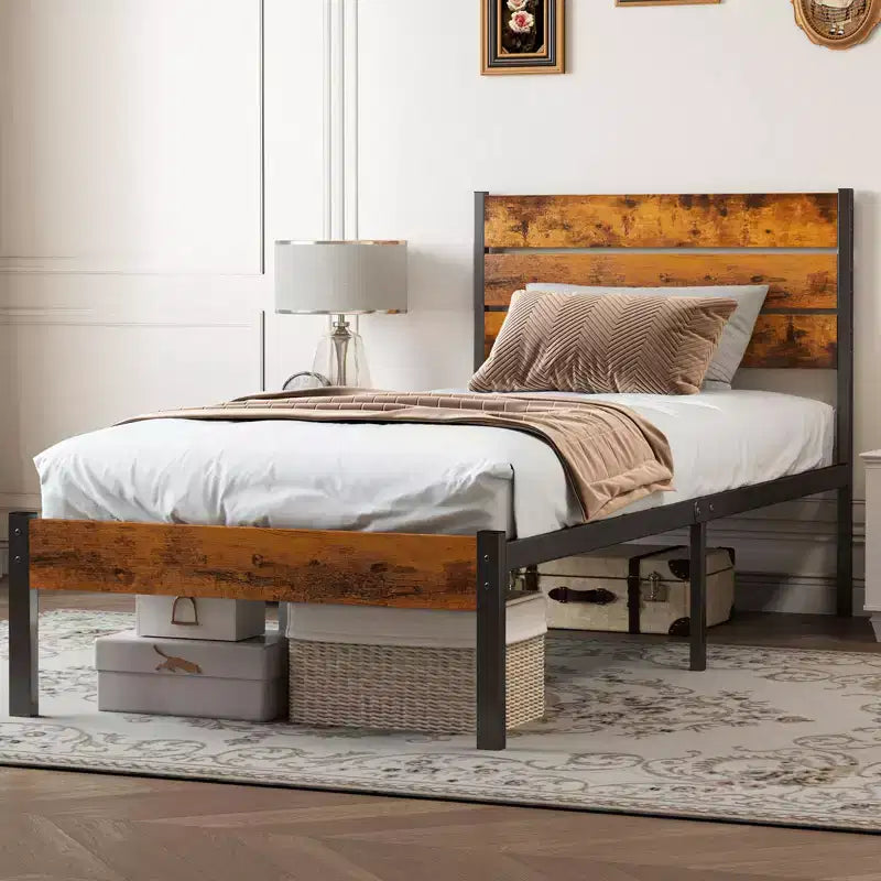 Industrial Metal Platform Bed Frame with Wood Headboard &amp; Footboard, 800lbs Load Capacity &amp; 12.8 Underbed Storage