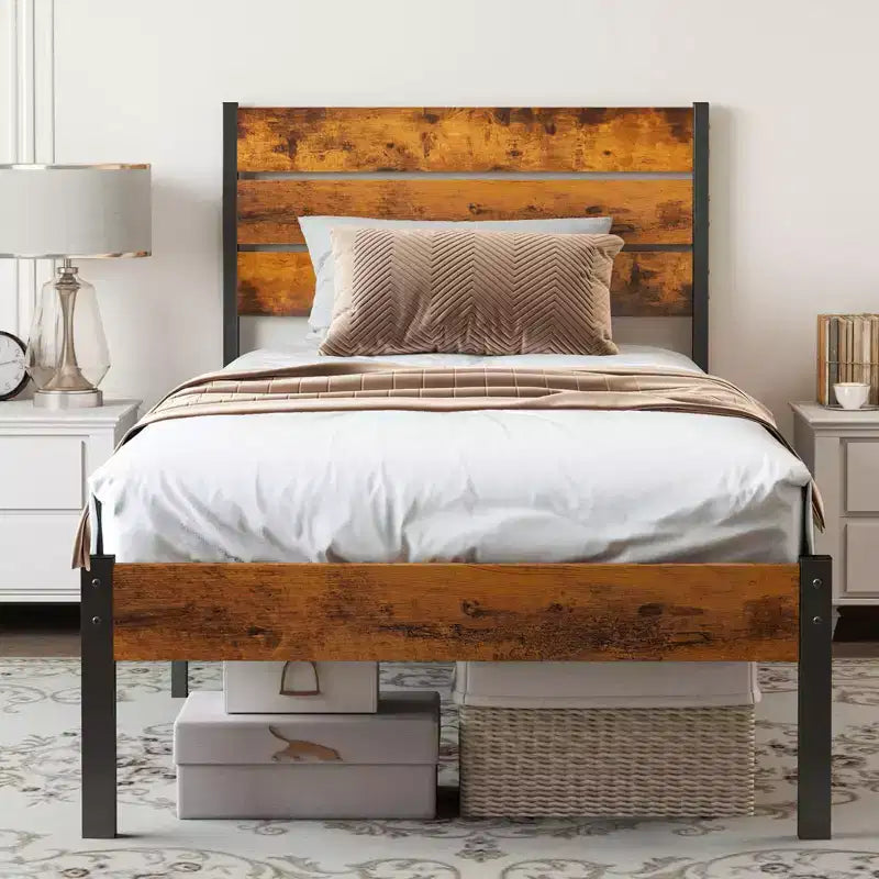 Industrial Metal Platform Bed Frame with Wood Headboard &amp; Footboard, 800lbs Load Capacity &amp; 12.8 Underbed Storage
