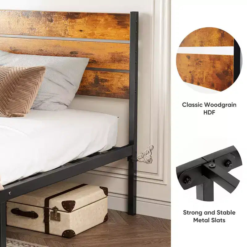Struttura letto industriale in metallo con testiera e pediera in legno, portata di 800lbs e spazio contenitore sotto il letto di 12.8