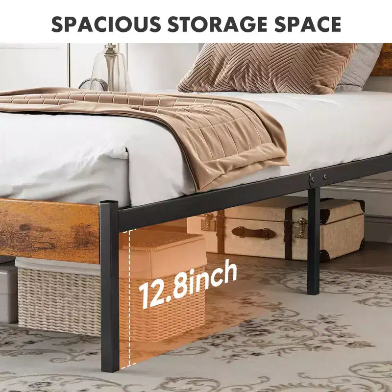 Industrial Metal Platform Bed Frame with Wood Headboard &amp; Footboard, 800lbs Load Capacity &amp; 12.8 Underbed Storage