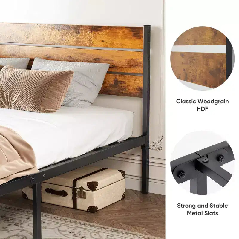 Struttura letto industriale in metallo con testiera e pediera in legno, portata di 800lbs e spazio contenitore sotto il letto di 12.8