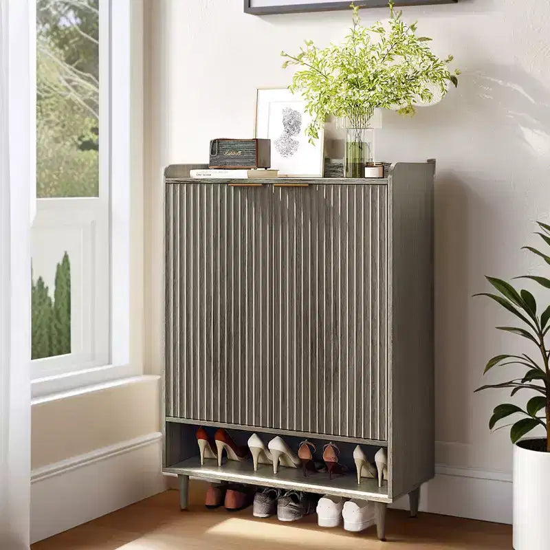 31.6 Inch 2 Door 1 Panel 1 Shelf Conical Leg Slatted Shoe Cabinet