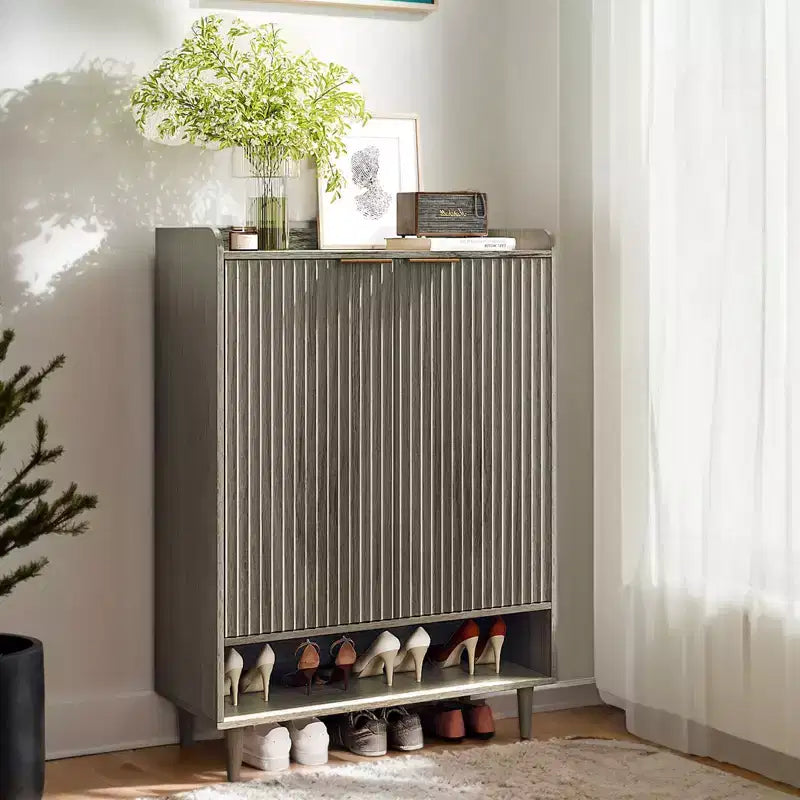 31.6 Inch 2 Door 1 Panel 1 Shelf Conical Leg Slatted Shoe Cabinet