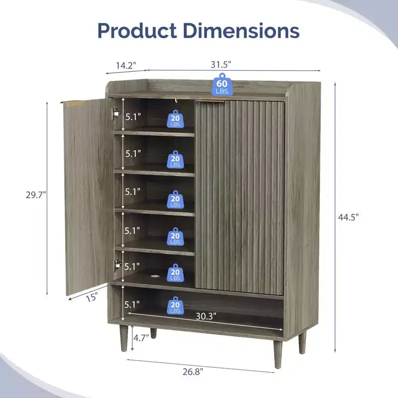 31.6 Inch 2 Door 1 Panel 1 Shelf Conical Leg Slatted Shoe Cabinet